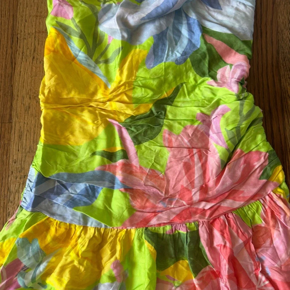 Farm Rio Love of Flower Short Dress Neon Floral Draped Cowl Neck Open Back Sz S - Picture 10 of 16